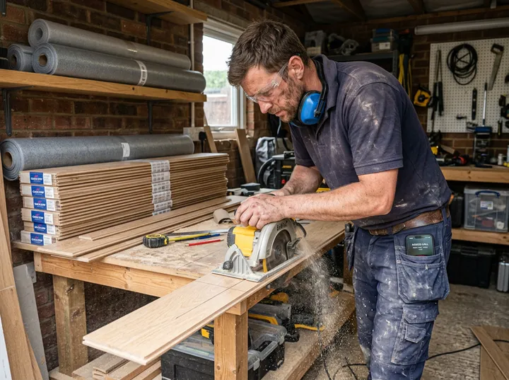 Flooring fitter mid-installation while AI handles incoming phone call