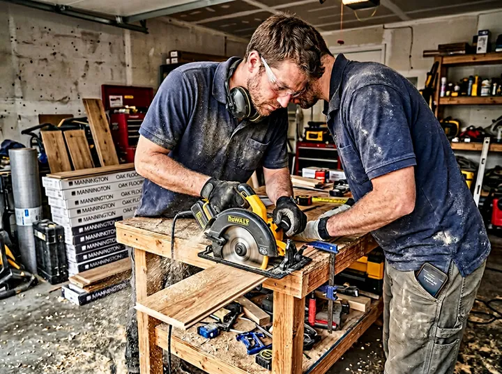 Flooring installer mid-job while AI handles incoming phone call