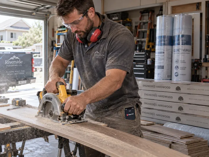 Flooring installer mid-job while AI handles incoming phone call