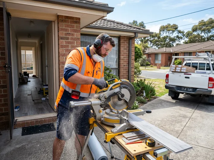 Flooring fitter mid-installation while AI handles incoming phone call
