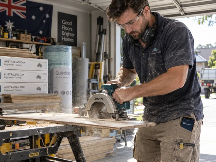 Flooring fitter mid-installation while AI handles incoming phone call