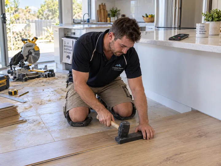 Flooring specialist unable to answer phone while fitting hybrid planks