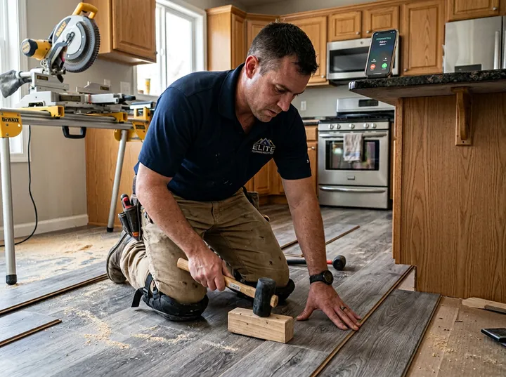 Flooring contractor unable to answer phone while installing hardwood planks