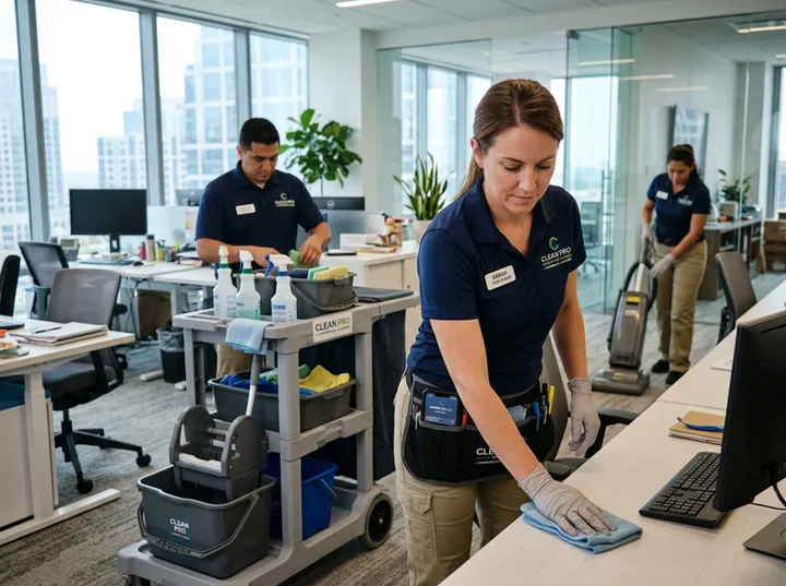 Franchise cleaning team on-site while AI handles incoming call