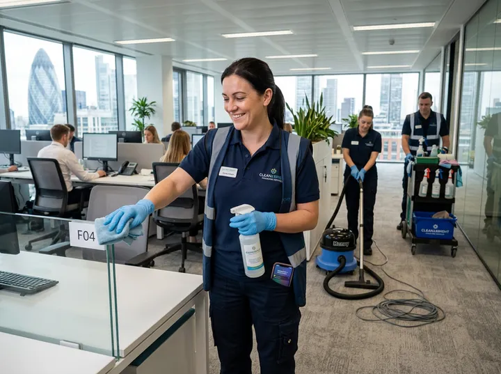 Franchise cleaning team on-site while AI handles incoming call