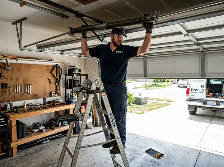 Garage door technician unable to answer phone while replacing torsion spring on ladder