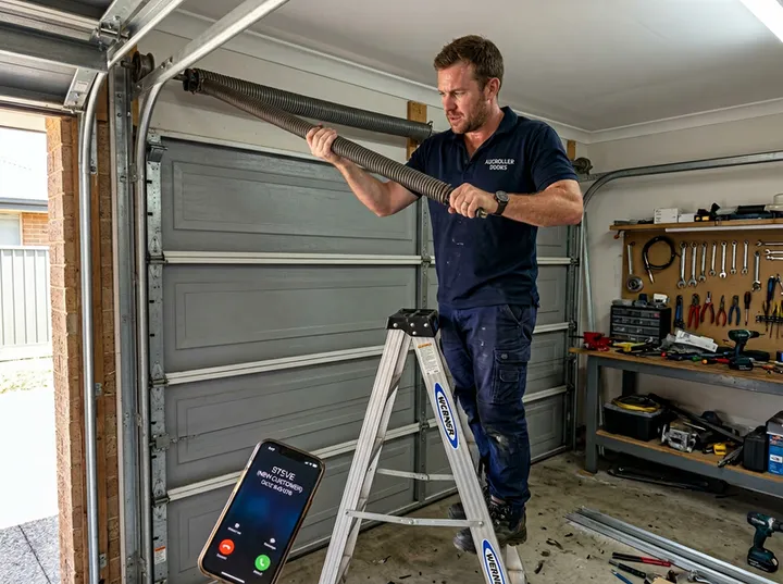 Roller door technician unable to answer phone while replacing torsion spring on ladder