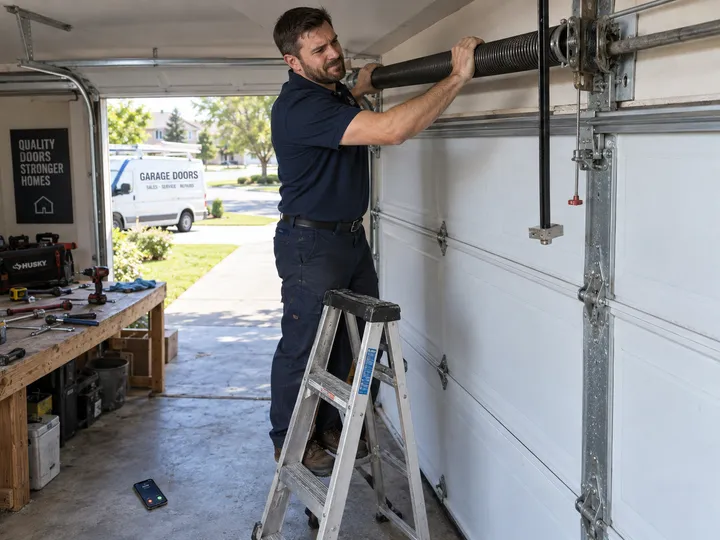 Garage door technician unable to answer phone while replacing torsion spring on ladder