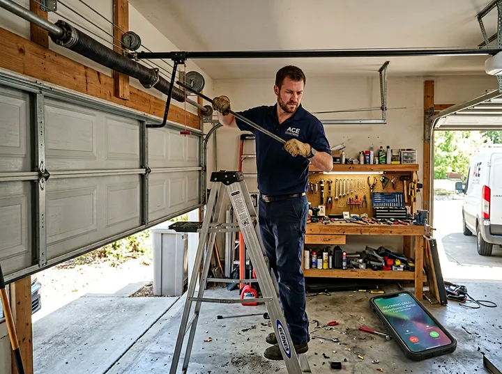 Roller door technician unable to answer phone while replacing torsion spring on ladder