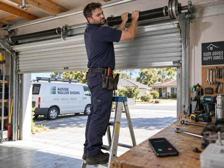 Roller door technician unable to answer phone while replacing torsion spring on ladder
