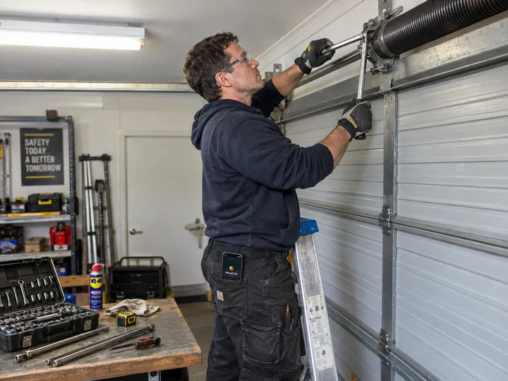 Roller door technician replacing spring while AI handles incoming phone call