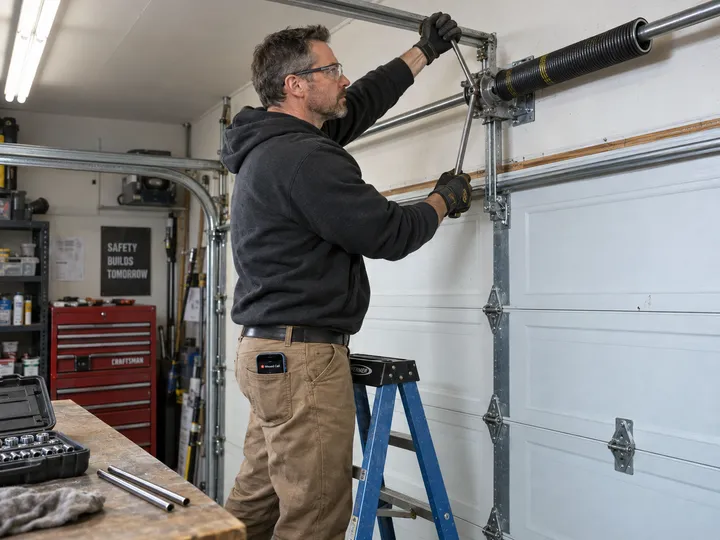 Garage door technician replacing spring while AI handles incoming phone call