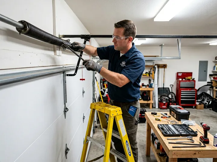 Garage door technician replacing spring while AI handles incoming phone call