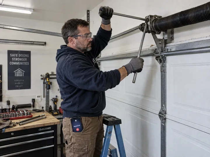 Garage door technician replacing spring while AI handles incoming phone call