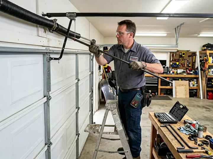 Roller door technician replacing spring while AI handles incoming phone call