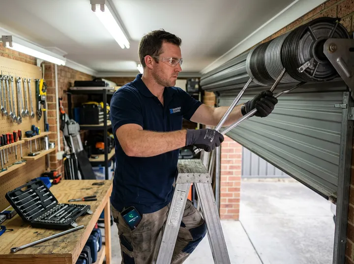 Roller door technician replacing spring while AI handles incoming phone call