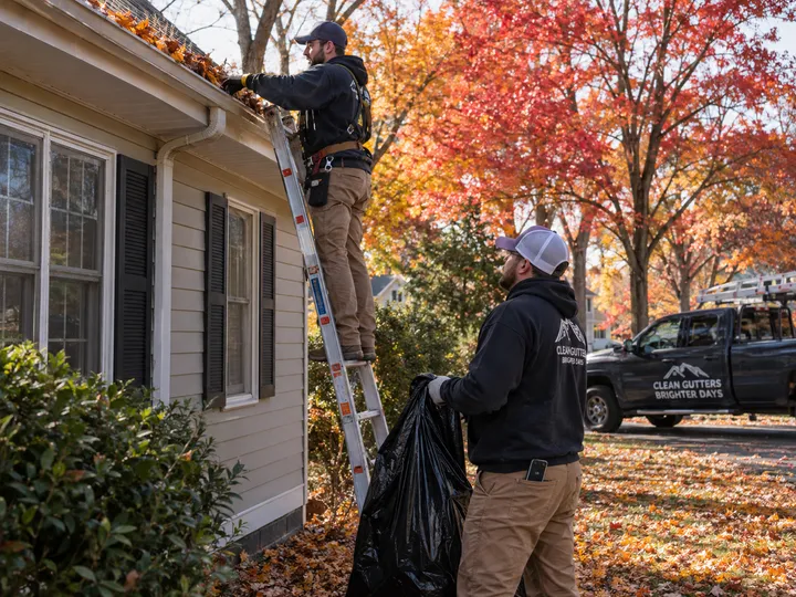 Busy gutter cleaning crew in fall while AI handles overflow calls