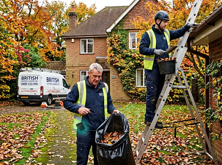Busy gutter cleaning team in autumn while AI handles overflow calls