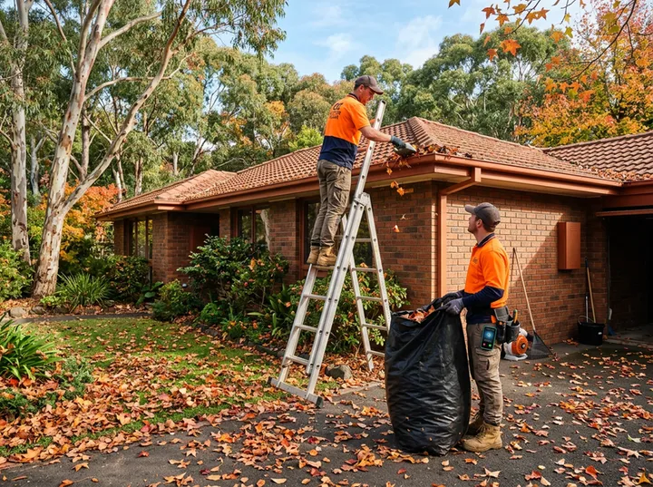 Busy gutter cleaning team in autumn while AI handles overflow calls