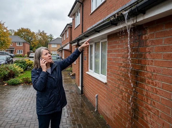 Homeowner urgently calling about overflowing blocked gutters