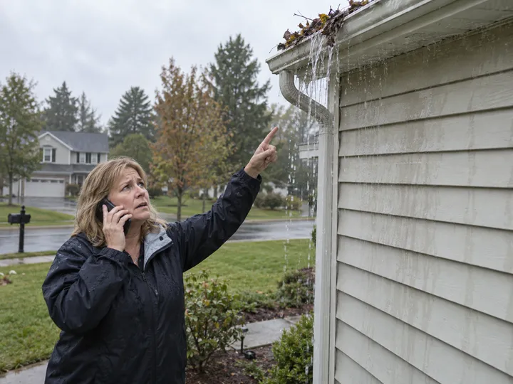 Homeowner urgently calling about overflowing clogged gutters