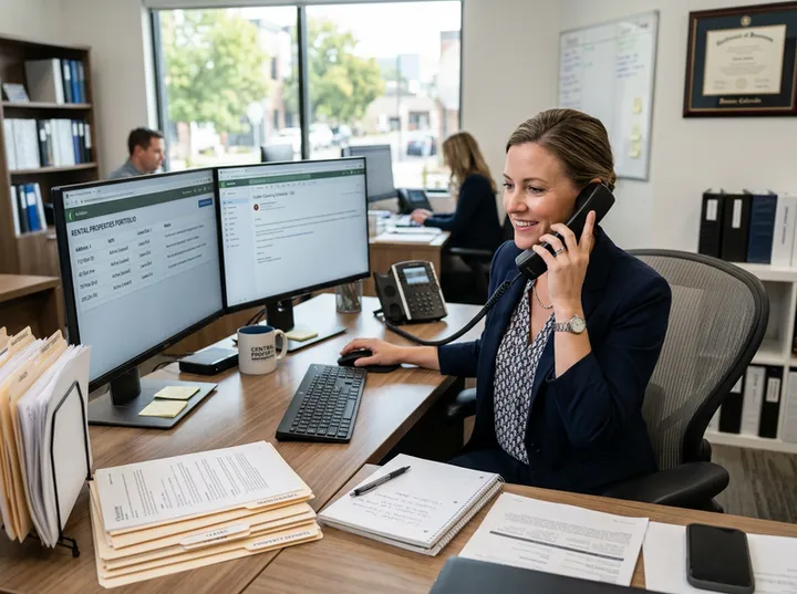 Property manager calling to arrange gutter maintenance for rental portfolio