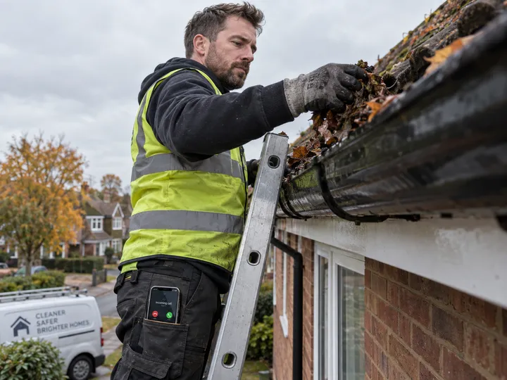 Eavestrough cleaner unable to answer phone while working up a ladder