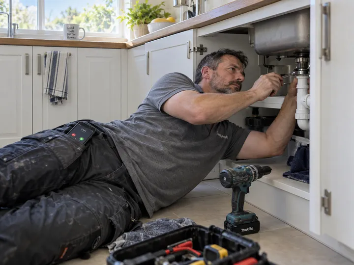 Handyman working while AI handles incoming phone call