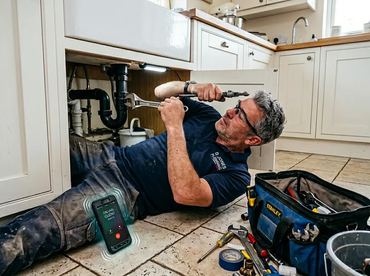 Handyman working while AI handles incoming phone call