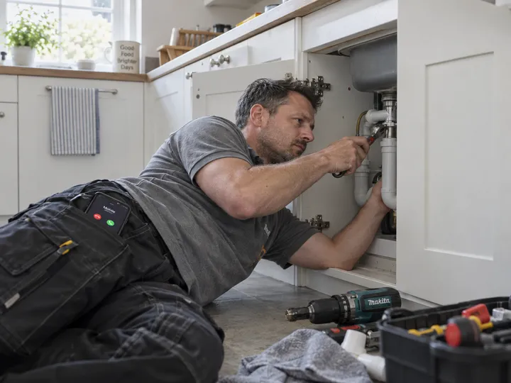 Handyman working while AI handles incoming phone call