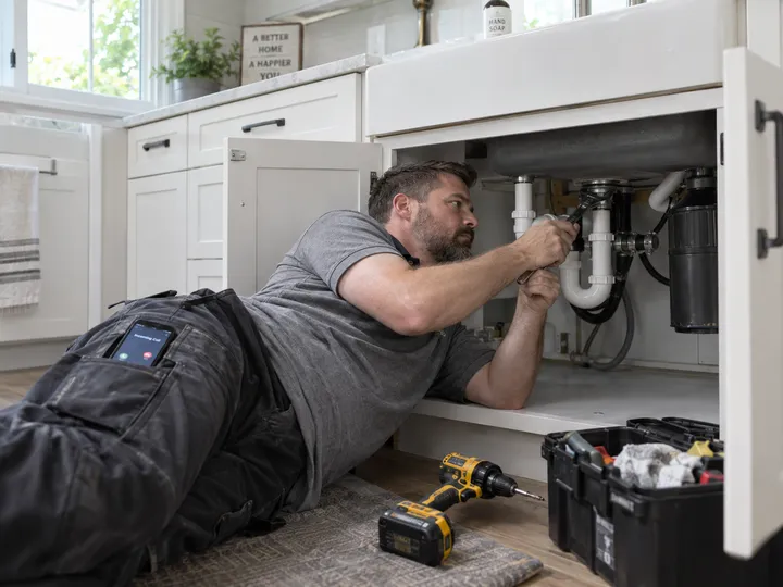 Handyman working while AI handles incoming phone call