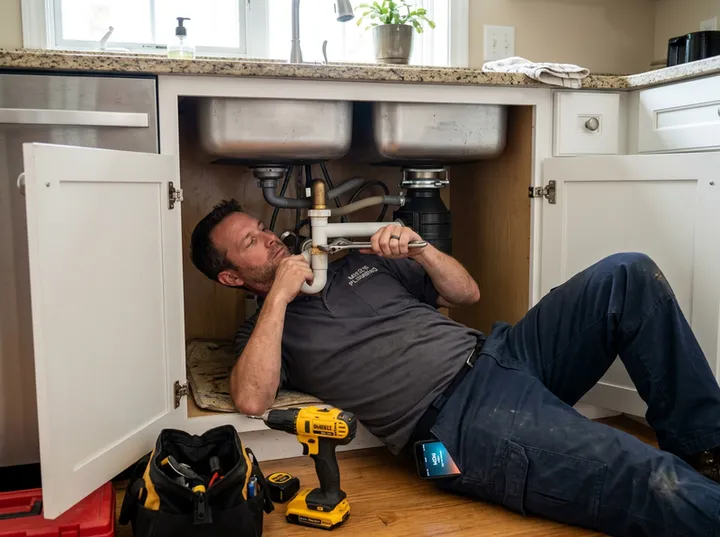 Handyman working while AI handles incoming phone call