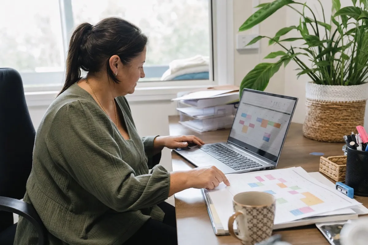 A care coordinator reviewing the visit roster on a laptop in an Australian provider office