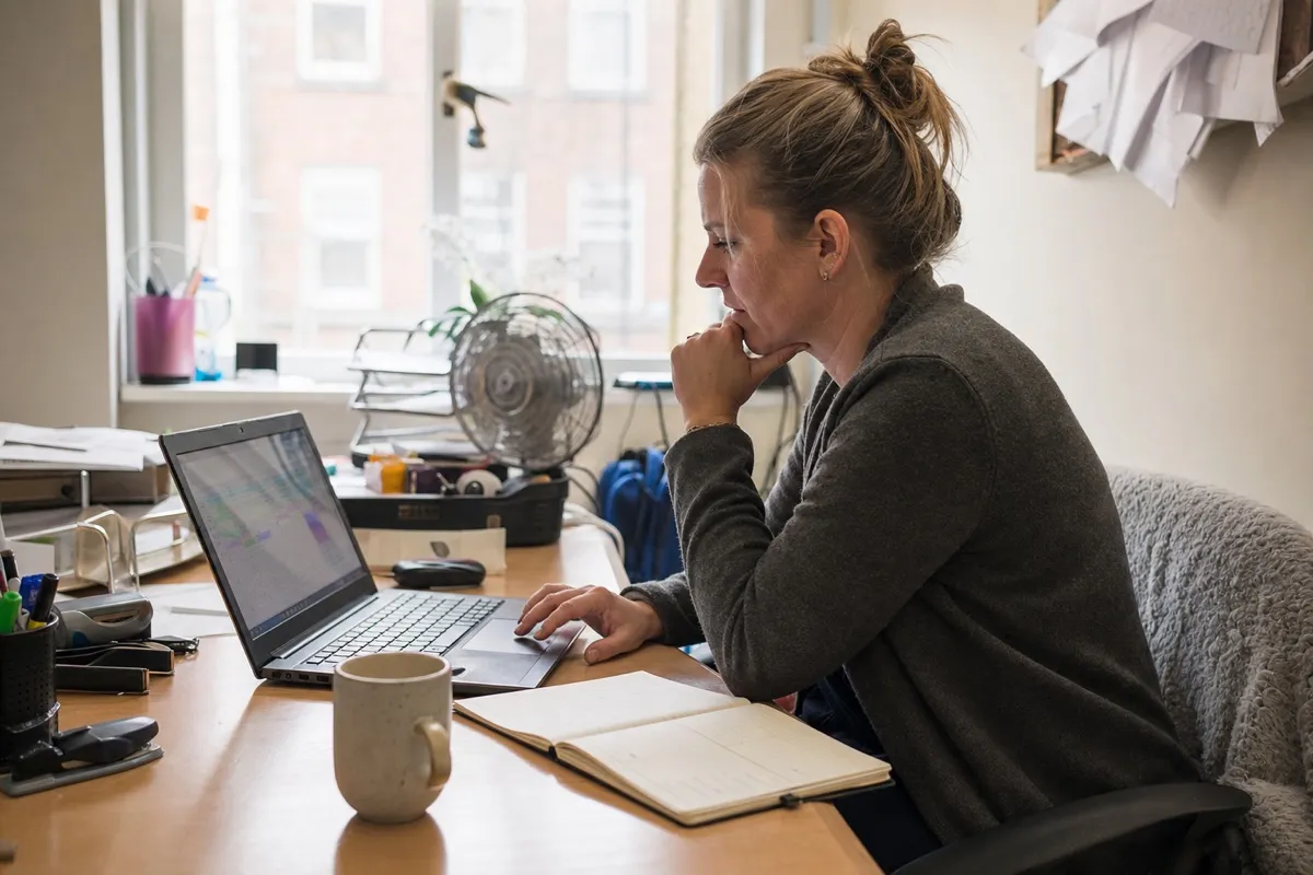 A home care coordinator reviewing the visit rota on a laptop in an agency office