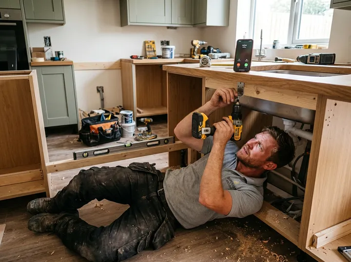 Kitchen installer working while AI handles incoming phone call