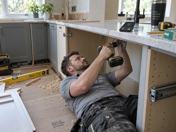 Kitchen installer working while AI handles incoming phone call