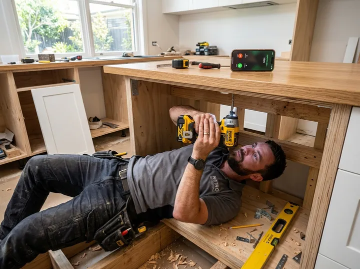 Kitchen fitter working while AI handles incoming phone call