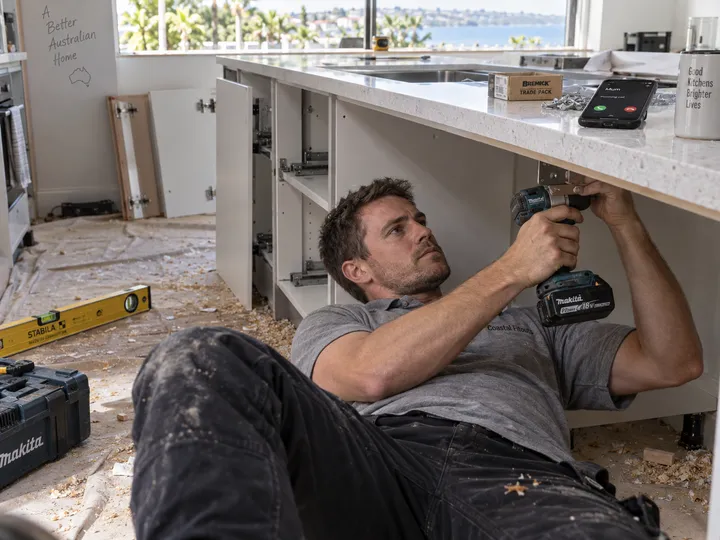 Kitchen fitter working while AI handles incoming phone call
