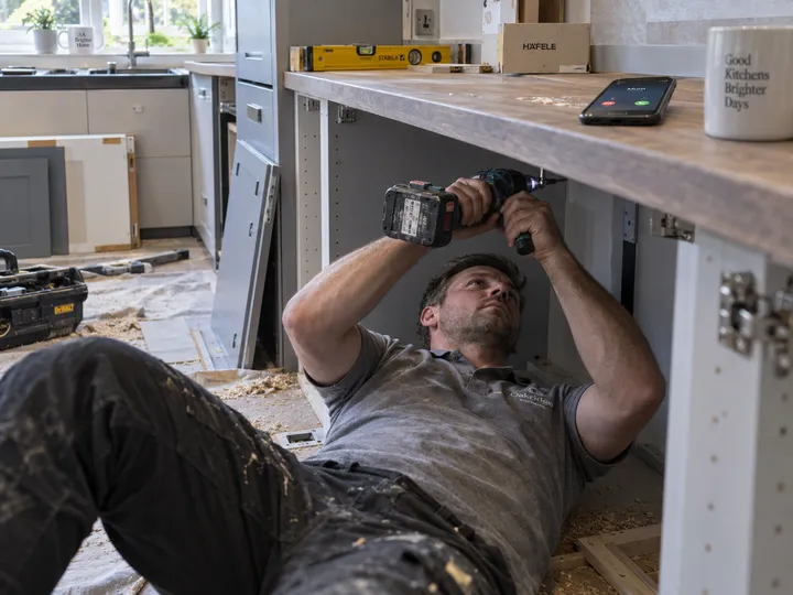 Kitchen fitter working while AI handles incoming phone call