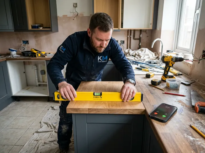 Kitchen fitter working while AI handles incoming phone call
