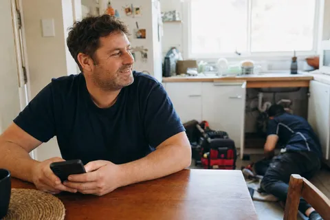 A relaxed homeowner on their phone at the kitchen table after a plumbing repair in an Australian home