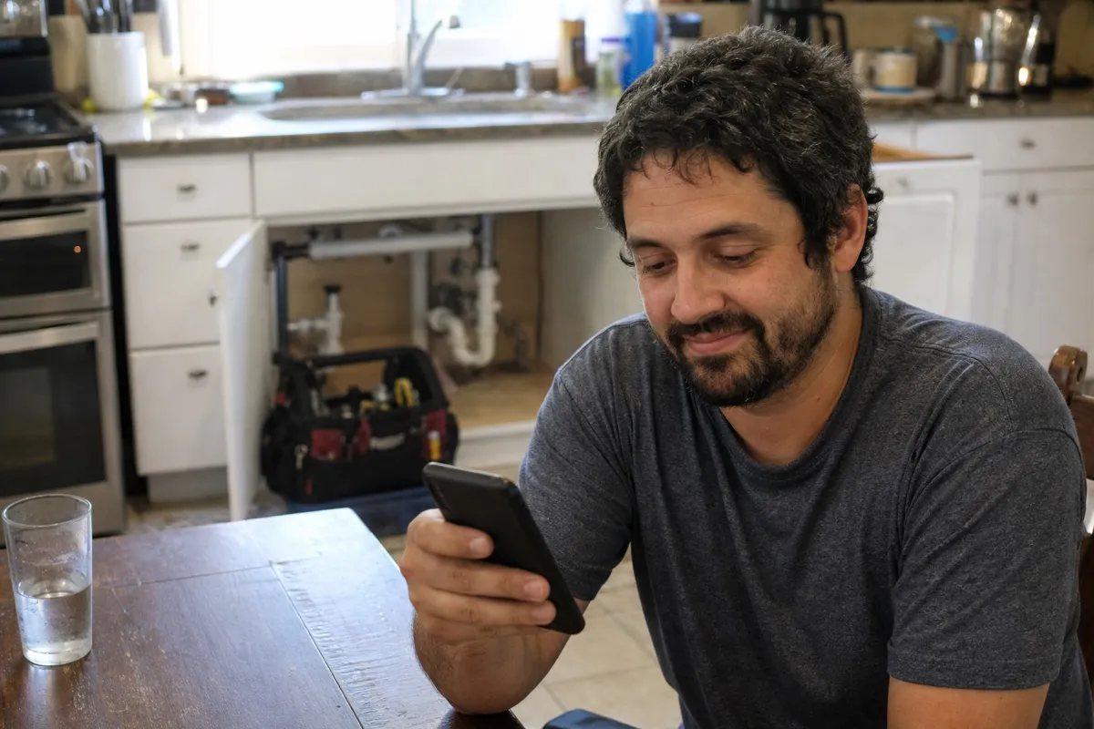 A homeowner relaxed on their phone at the kitchen table after a plumbing repair in a North American home