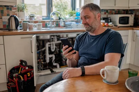 A homeowner relaxed on their phone at the kitchen table after a plumbing repair