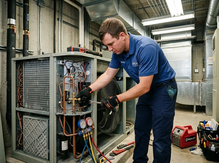HVAC technician working while AI handles incoming AC repair call