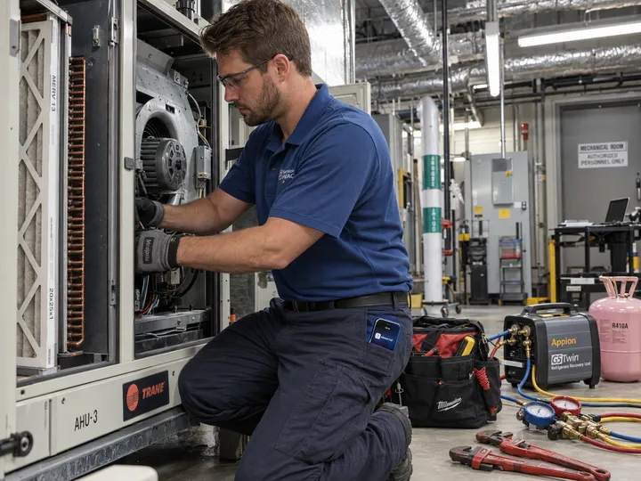 HVAC technician working while AI handles incoming AC repair call