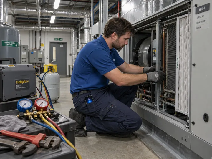 Heat pump installer working while AI handles incoming phone call