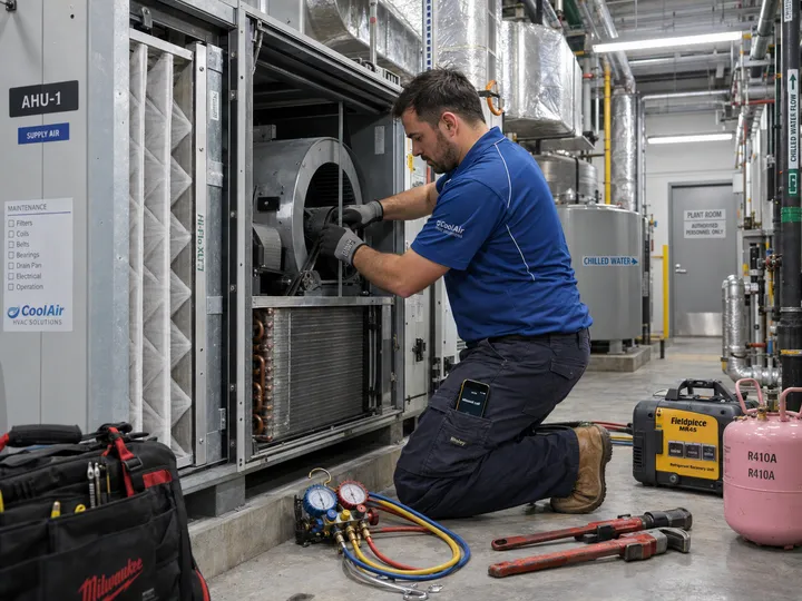 AC technician installing split system while AI handles incoming phone call