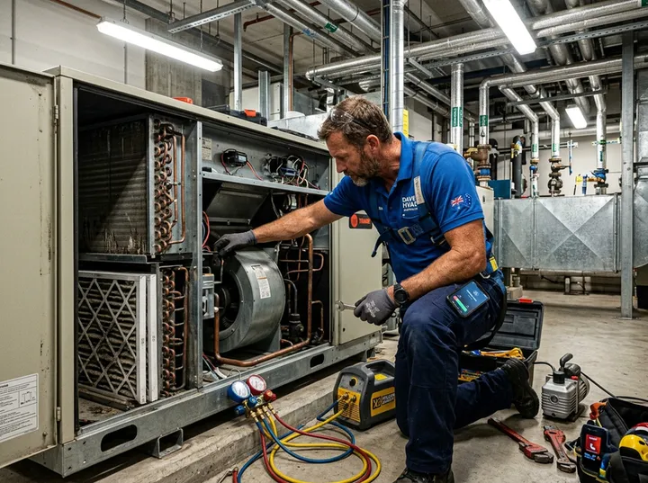 AC technician installing split system while AI handles incoming phone call