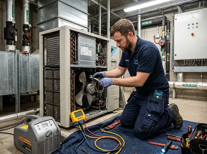 Heat pump installer working while AI handles incoming phone call