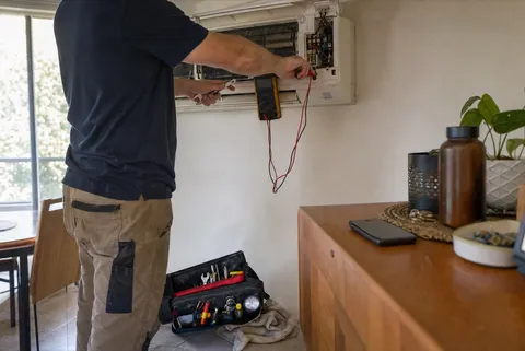 An HVAC engineer working on a wall-mounted boiler while a phone buzzes unanswered on the worktop beside the open tool bag.